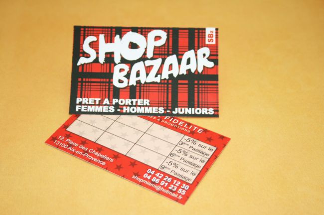 SHOP BAZAAR Boutique prêt à porter (Aix), carte de fidélité avec pelliculage brillant au recto
